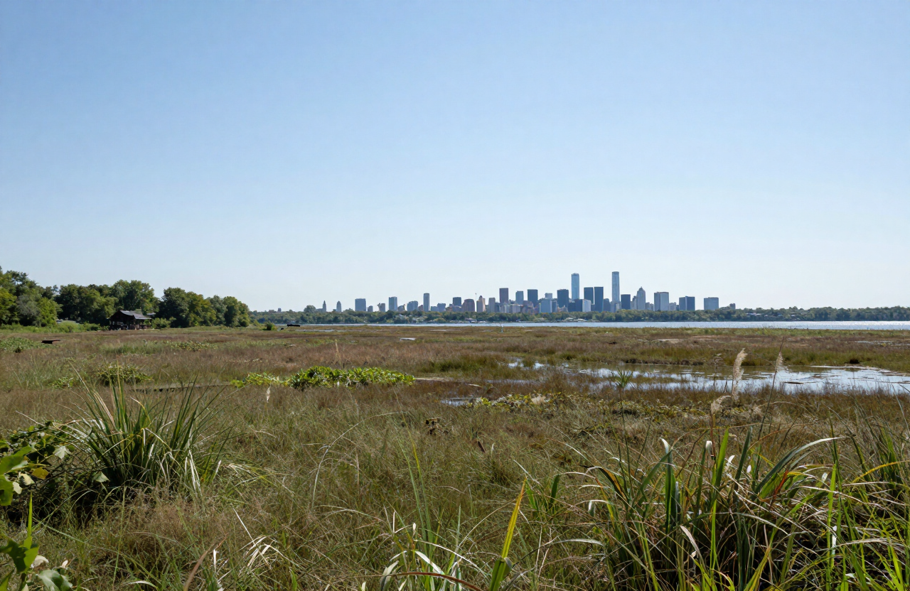Meadowlands marshland landscape view from Secaucus NJ with open wetlands and distant skyline