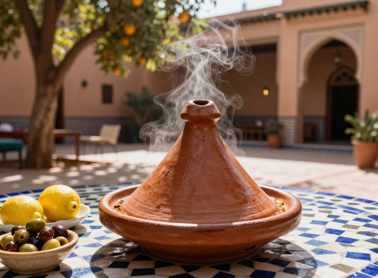 A steaming Moroccan tagine served on a zellige-tiled table in a riad courtyard