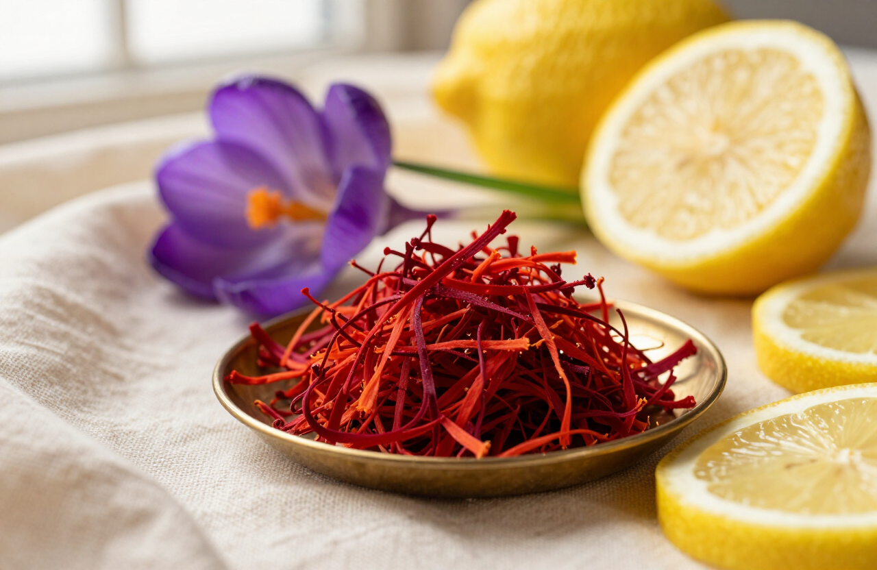 Crimson saffron threads, a crocus flower and fresh lemon slices on cream linen
