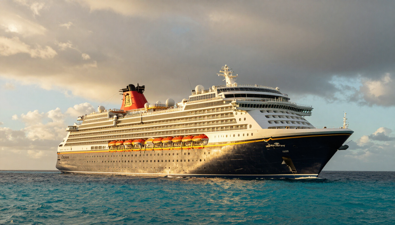 Disney cruise ship sailing near a tropical coastline at golden hour