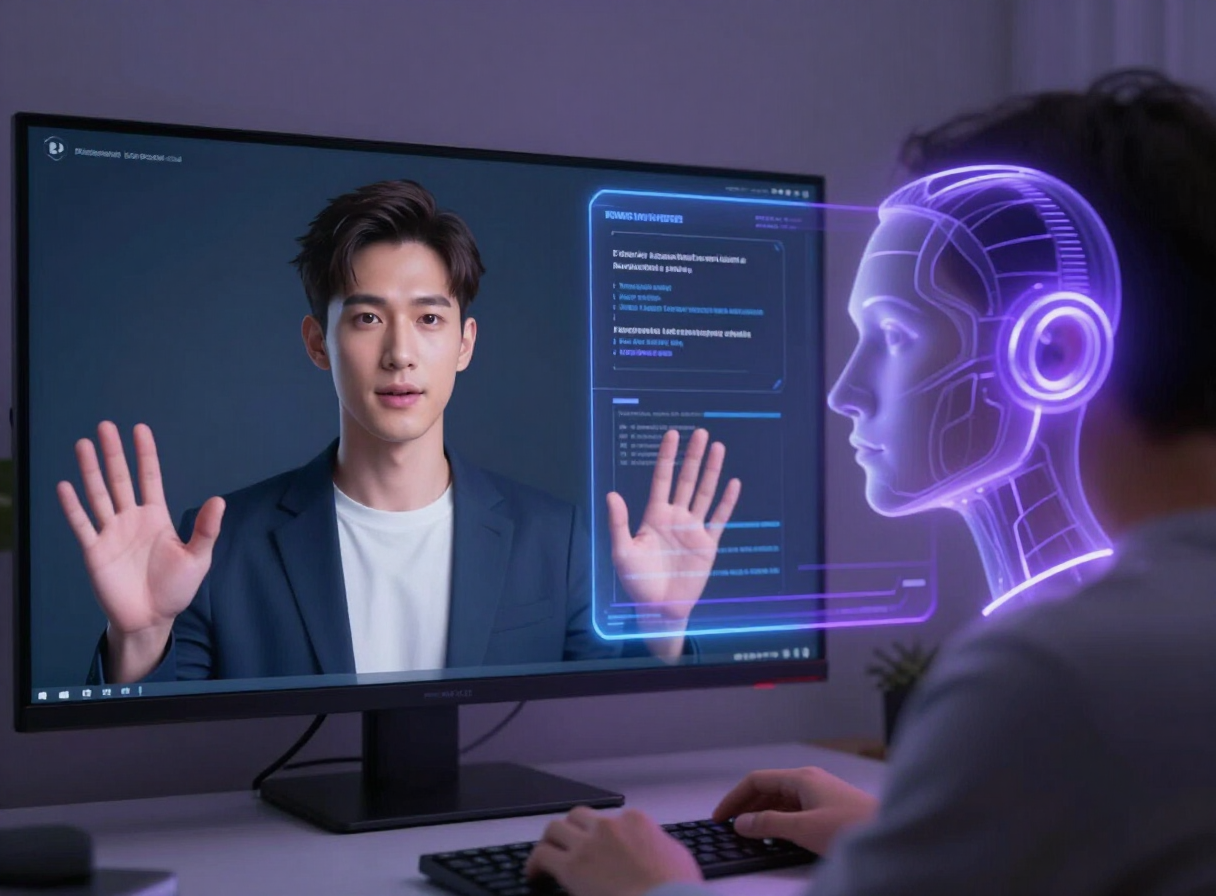 AI डिजिटल ट्विन और वर्चुअल प्रेज़ेंटर से जुड़ा सीखने का दृश्य
