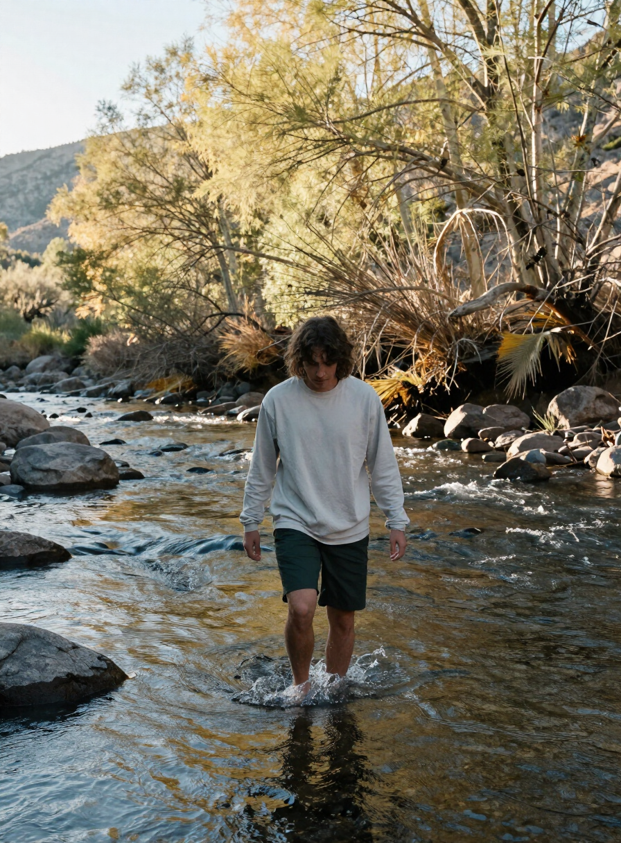 Person stepping calmly into the cold Embudo River, northern New Mexico, morning light