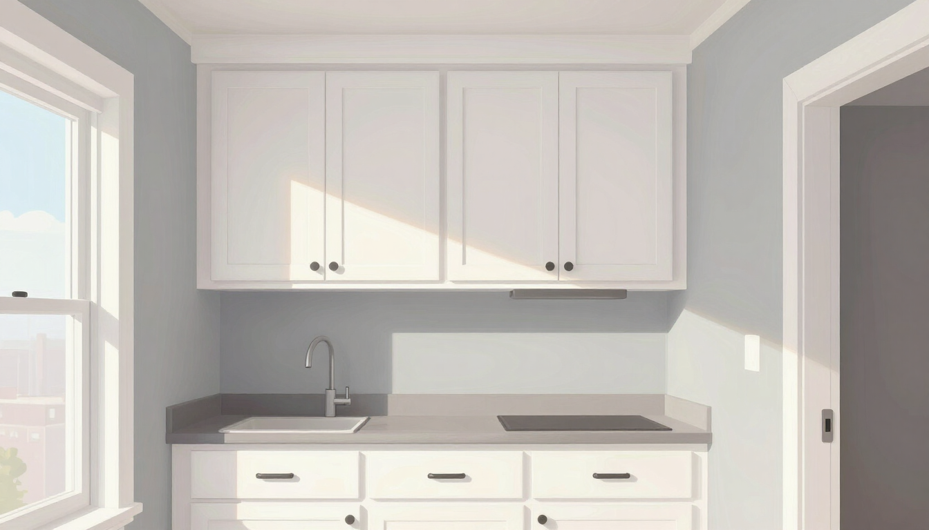 Illustrative white shaker cabinets in a compact urban kitchen