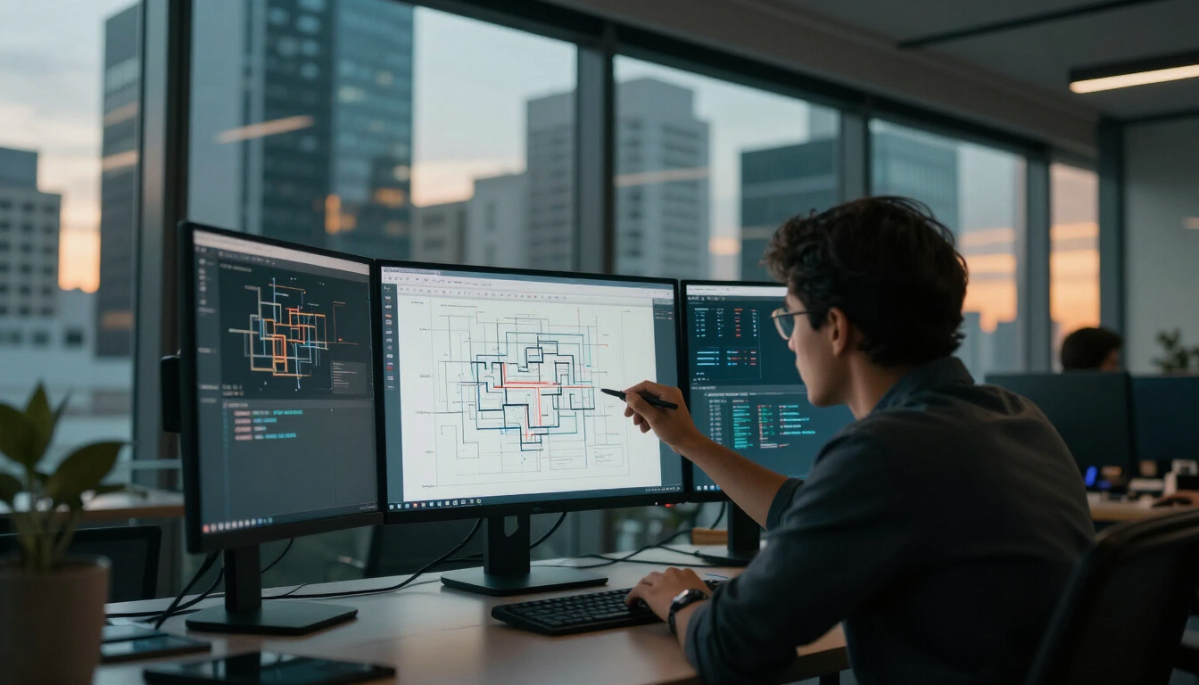 Engenheiros revisando a arquitetura de um sistema em um escritório em São Paulo