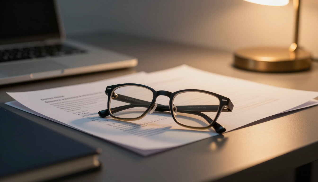 A quiet professional office desk with reading glasses, documents and a warm lamp glow at evening