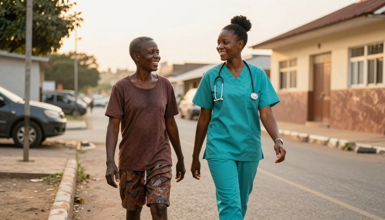 A smiling nurse walking outdoors with a recovered patient