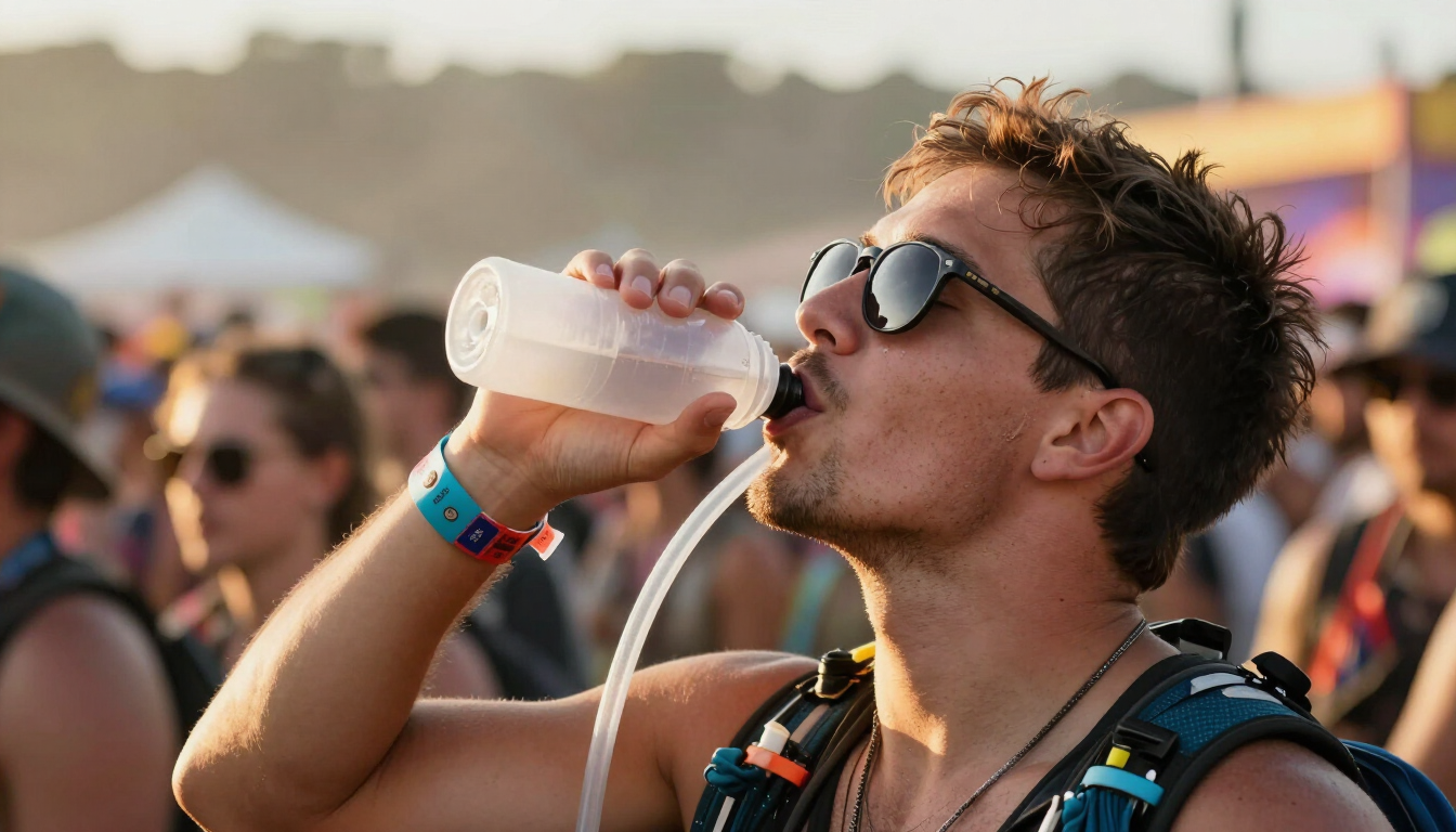 Festival attendee drinking from a hydration pack hose in a sunlit outdoor crowd.