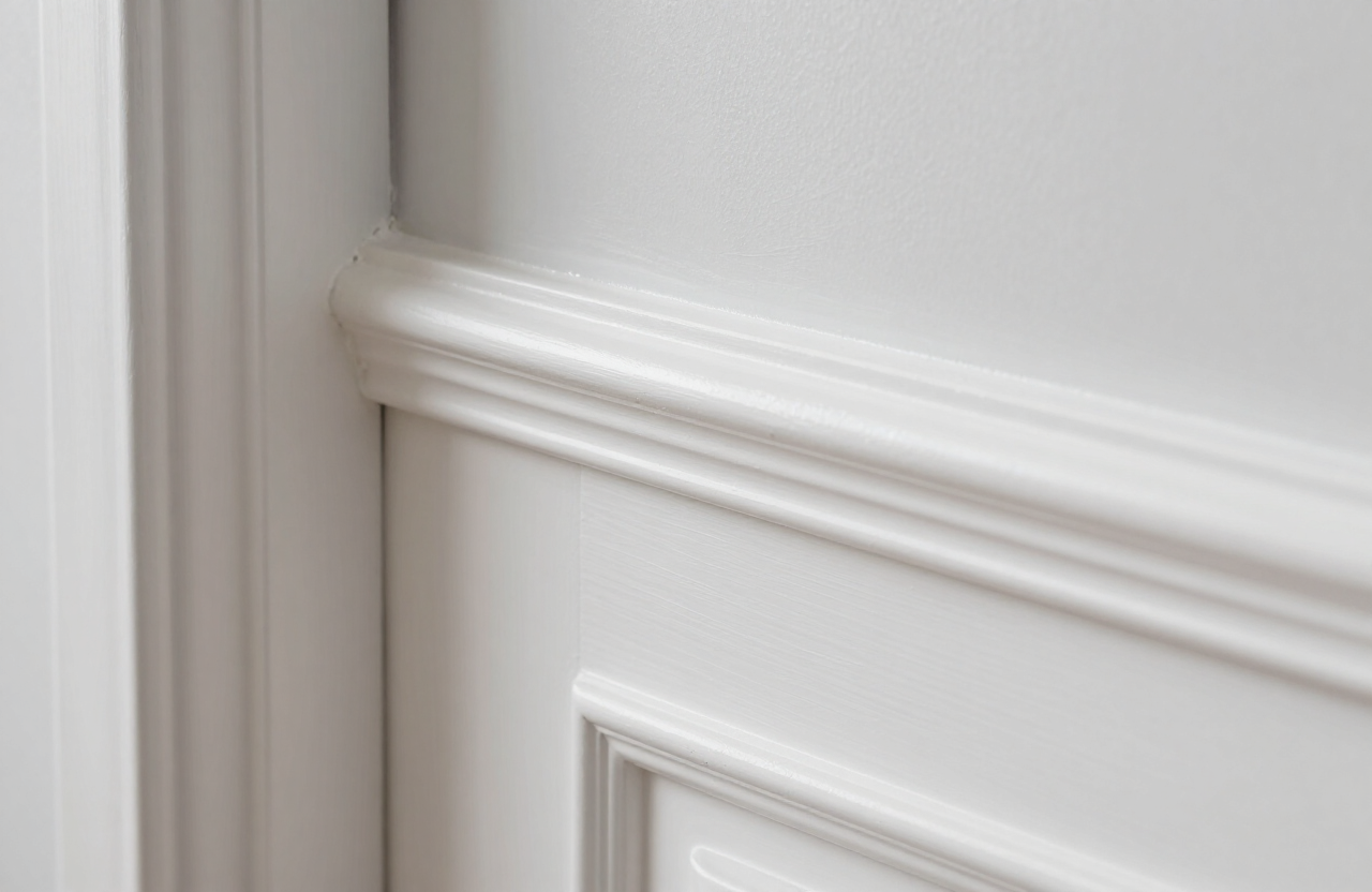Hand-painted white baseboard trim and door frame detail in a Secaucus NJ condo
