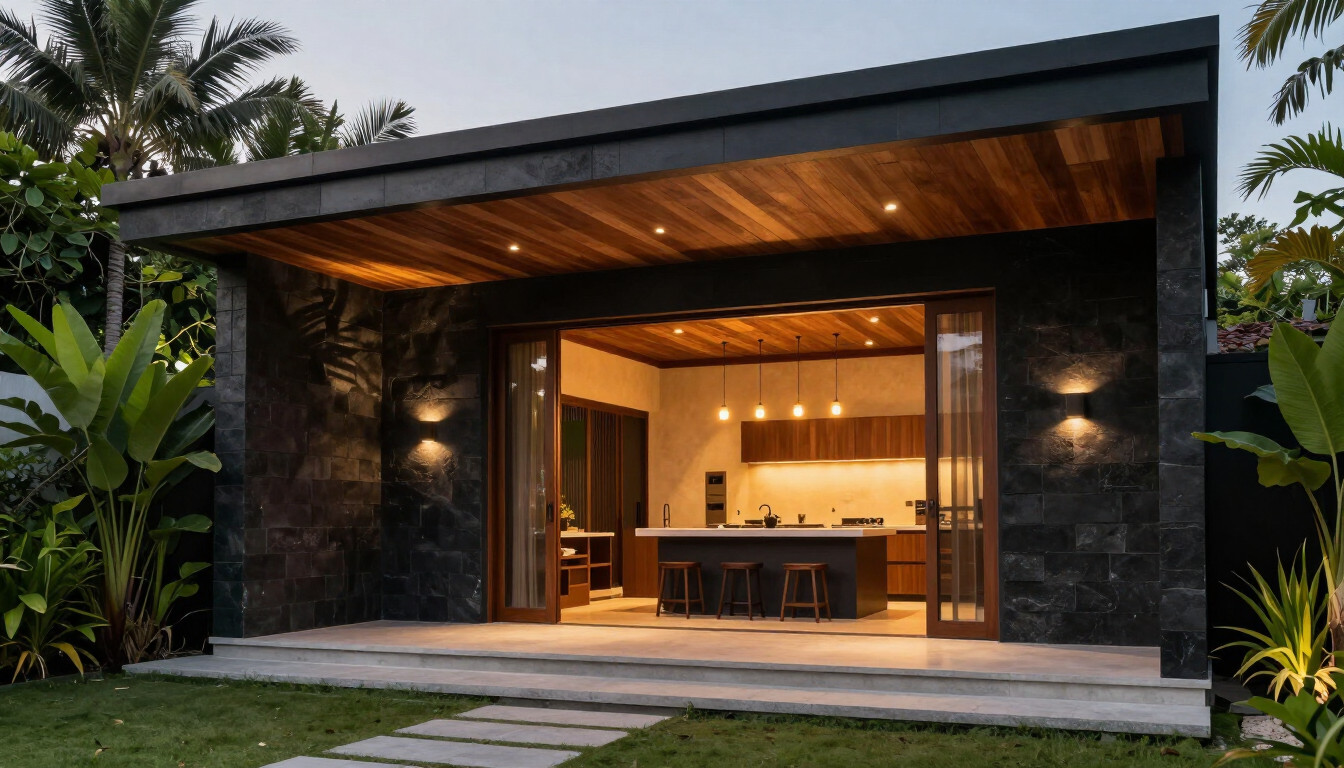 Dapur terbuka Sukun Villas dengan lampu gantung dan dinding batu gelap