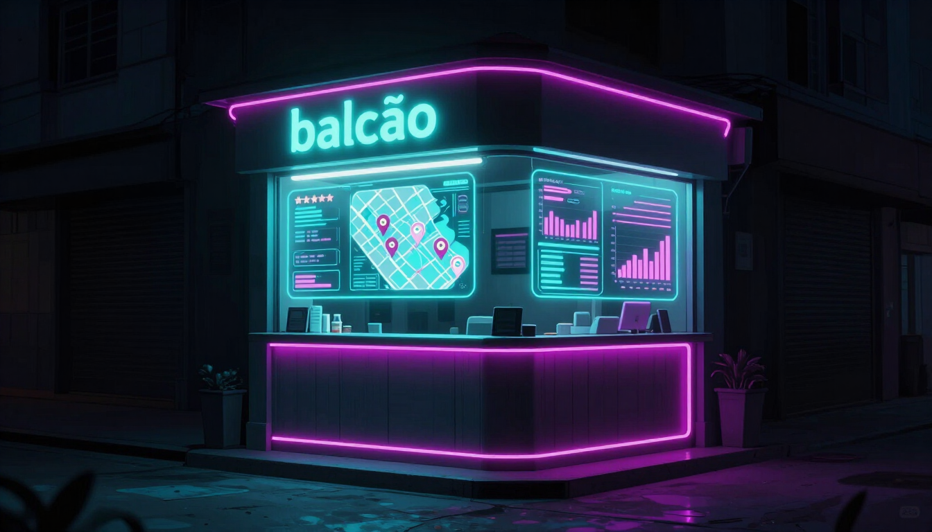 Ecossistema do Balcão — balcão de comércio local com sobreposições de dados em neon