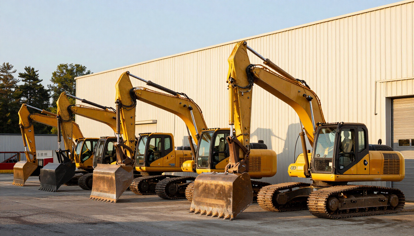 Lineup of heavy equipment brands including excavator, skid steer, tractor and dozer at a repair yard