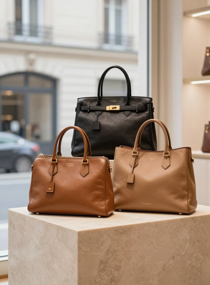 Colección de bolsas de piel para dama en tonos camel, negro y natural