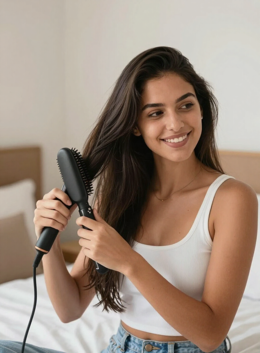 Mulher usando a escova alisadora em casa