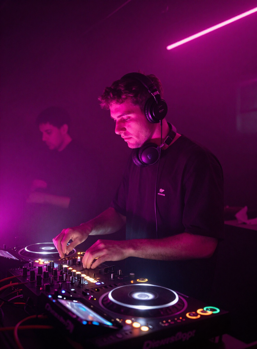 DJ in a dark booth lit by magenta neon with a glowing mixing console