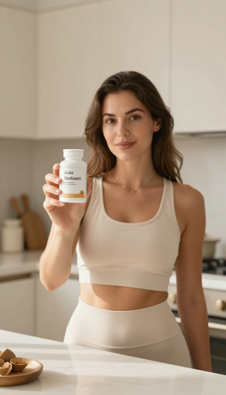Woman shown tired then refreshed holding an unbranded wellness supplement