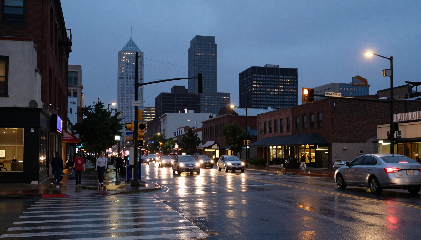 Kansas City downtown street at dusk with traffic lights and wet pavement after an accident