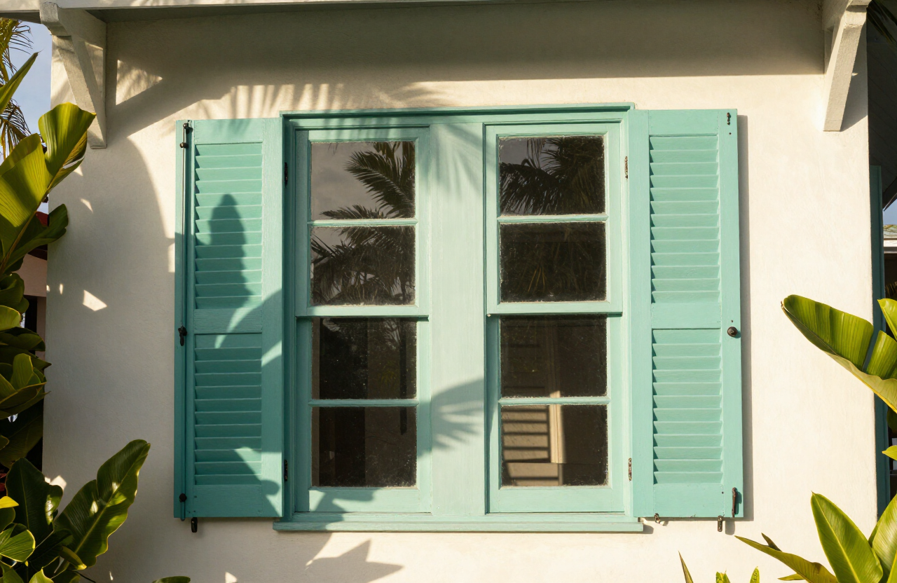Bahama-style louvered shutters on a colonial coastal home in Nassau, Bahamas