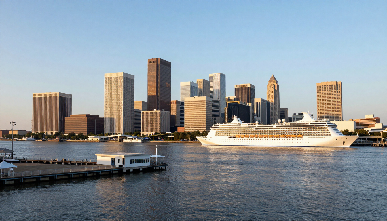 New Orleans skyline viewed from the Mississippi River with a cruise ship docked at the Port NOLA cruise pier