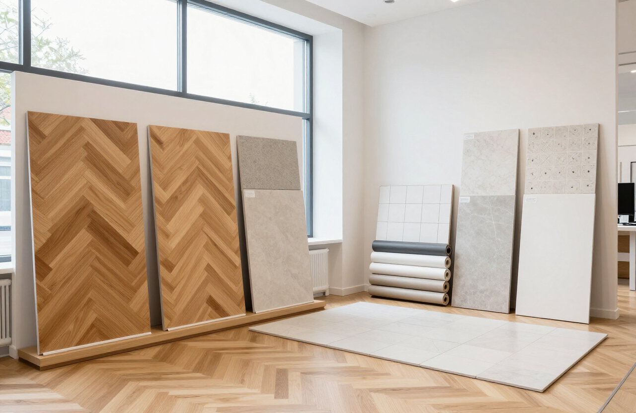 Showroom with samples of parquet, tiles and wall coverings