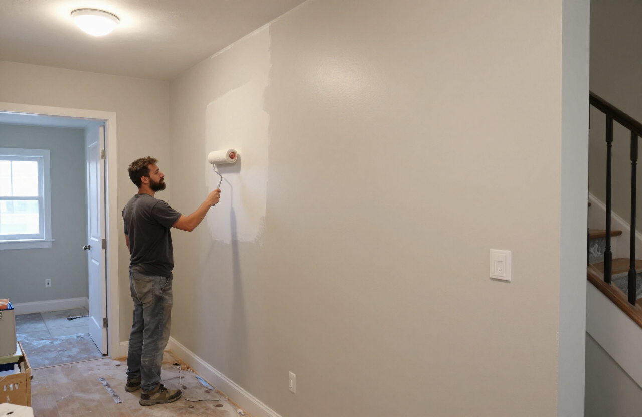 Illustrative multifamily apartment hallway painting scene in Moonachie NJ with a painter rolling a durable washable finish