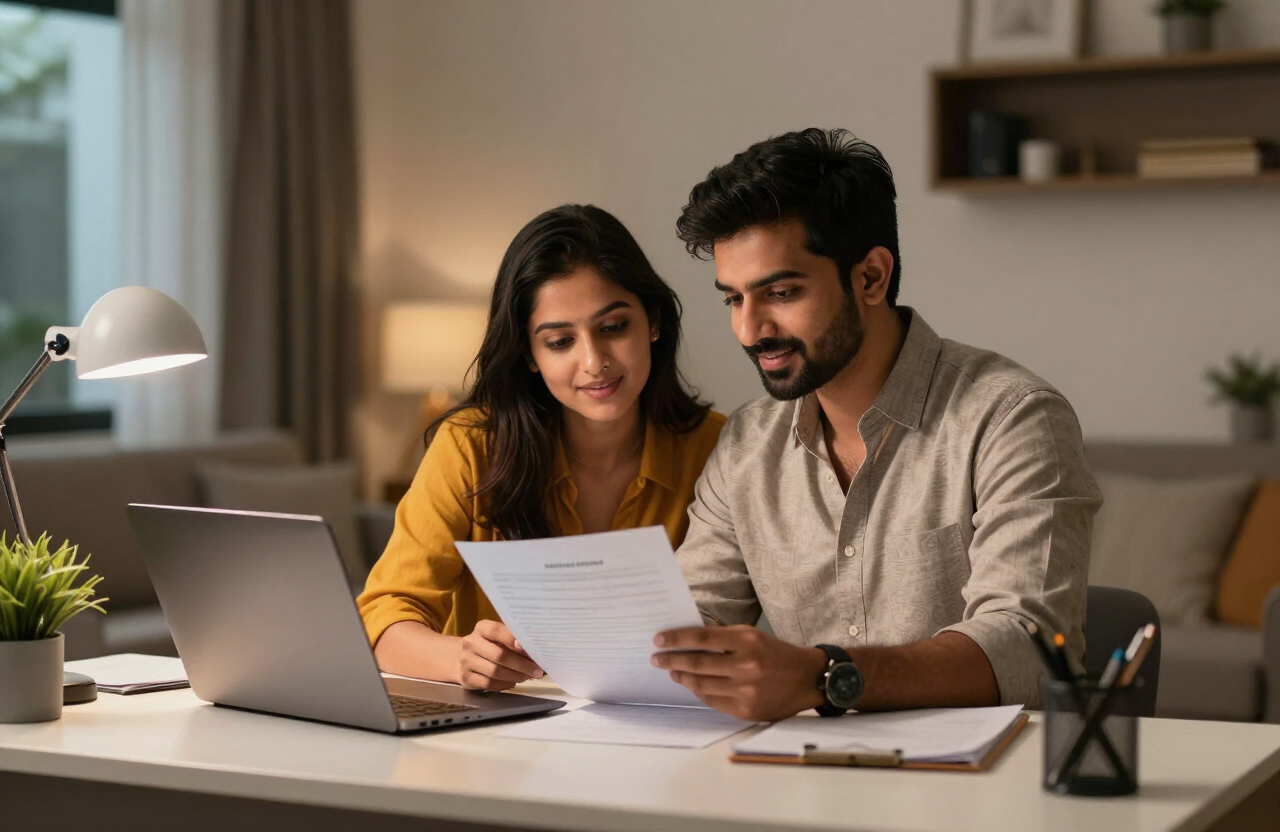 Young Indian couple reviewing documents together at home