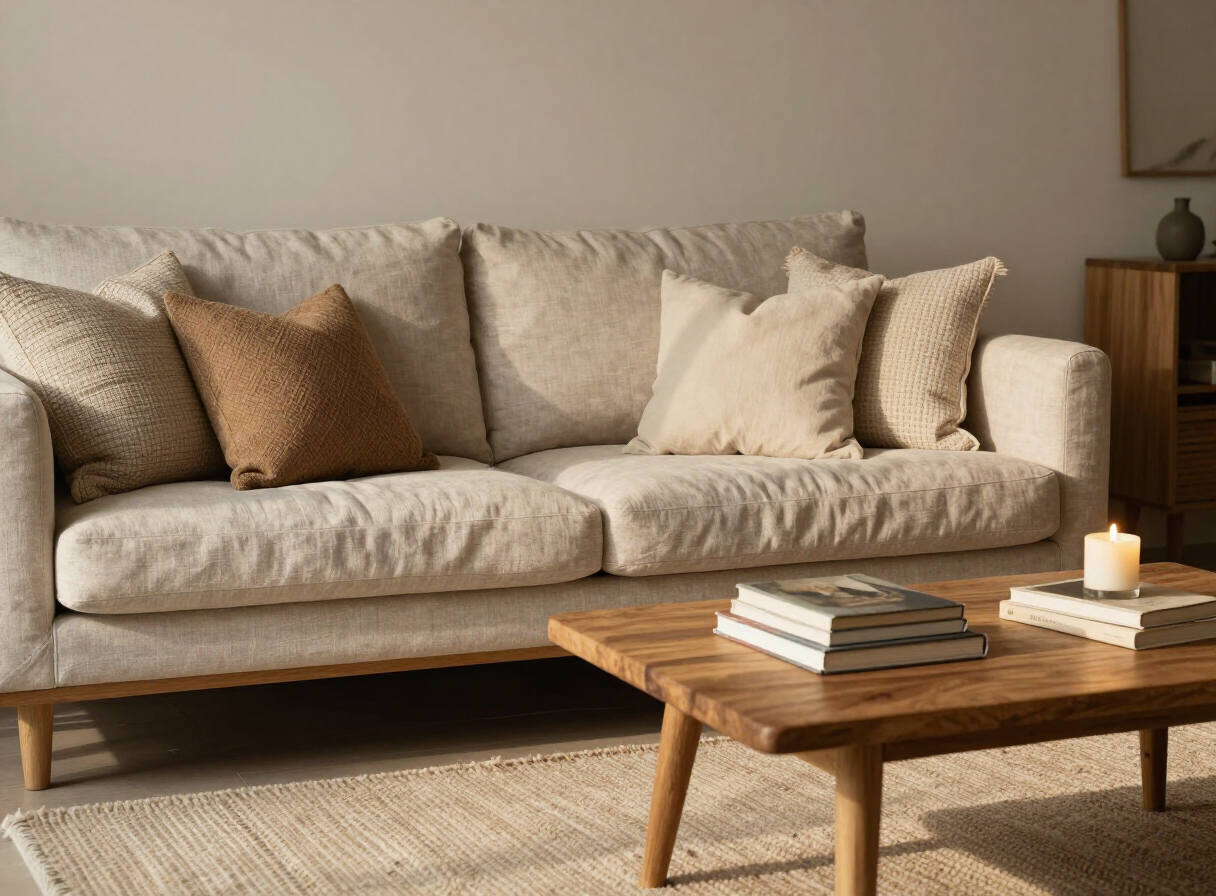 Cozy living room with a linen sofa, layered cushions and a wool rug