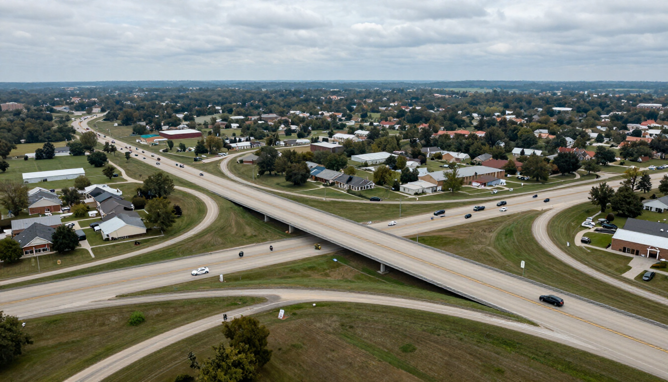 Blue Springs Missouri interstate highway interchange with commuter traffic and suburban development