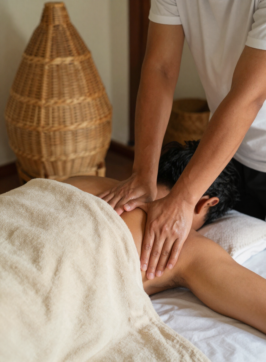 Deep tissue forearm technique on a guest’s shoulder in a Bali villa setting
