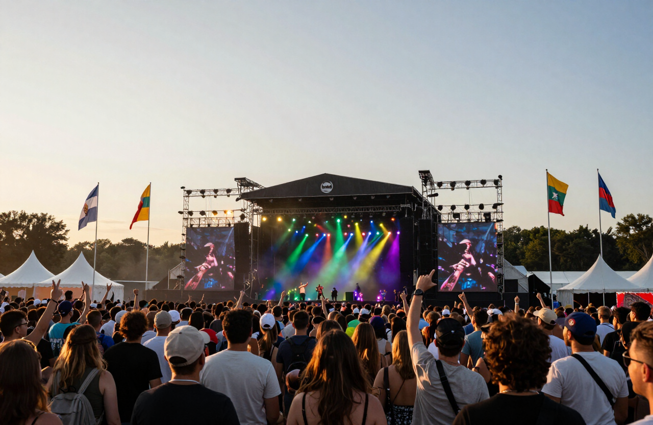 Music festival main stage seen from behind a crowd at golden hour, with international flags and colorful beam lights