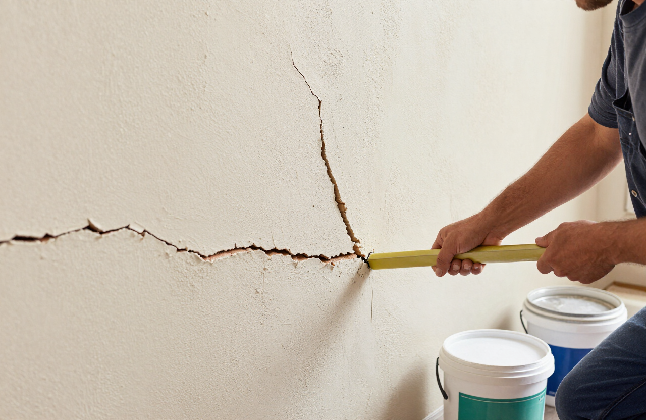 Illustrative image of stucco and masonry exterior crack repair with elastomeric coating and primer — not a specific Englewood project.