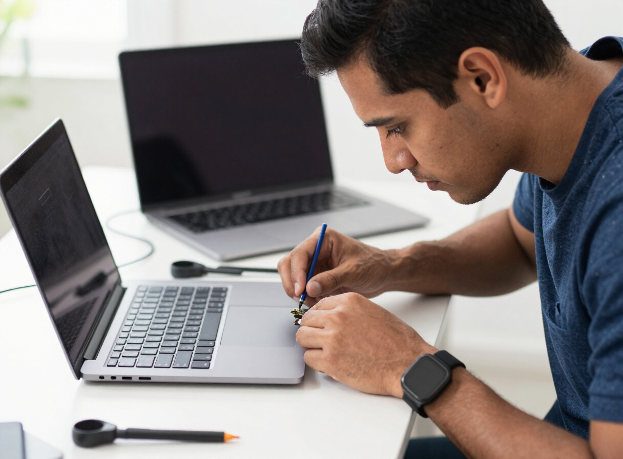 Técnico reparando un computador portátil en Medellín
