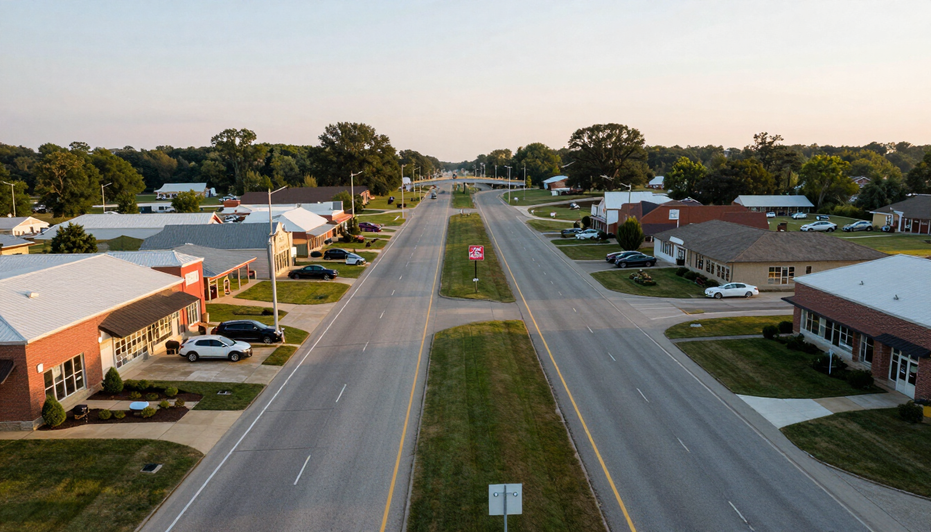 Grandview Missouri commercial suburban road with retail stores and highway access ramp