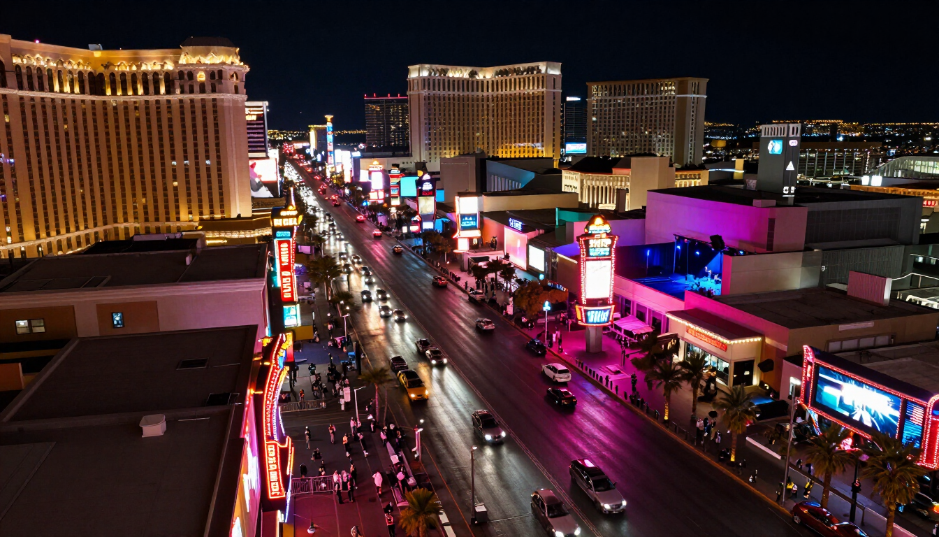 Las Vegas Strip at night with bright neon lights and concert venue glow in the distance