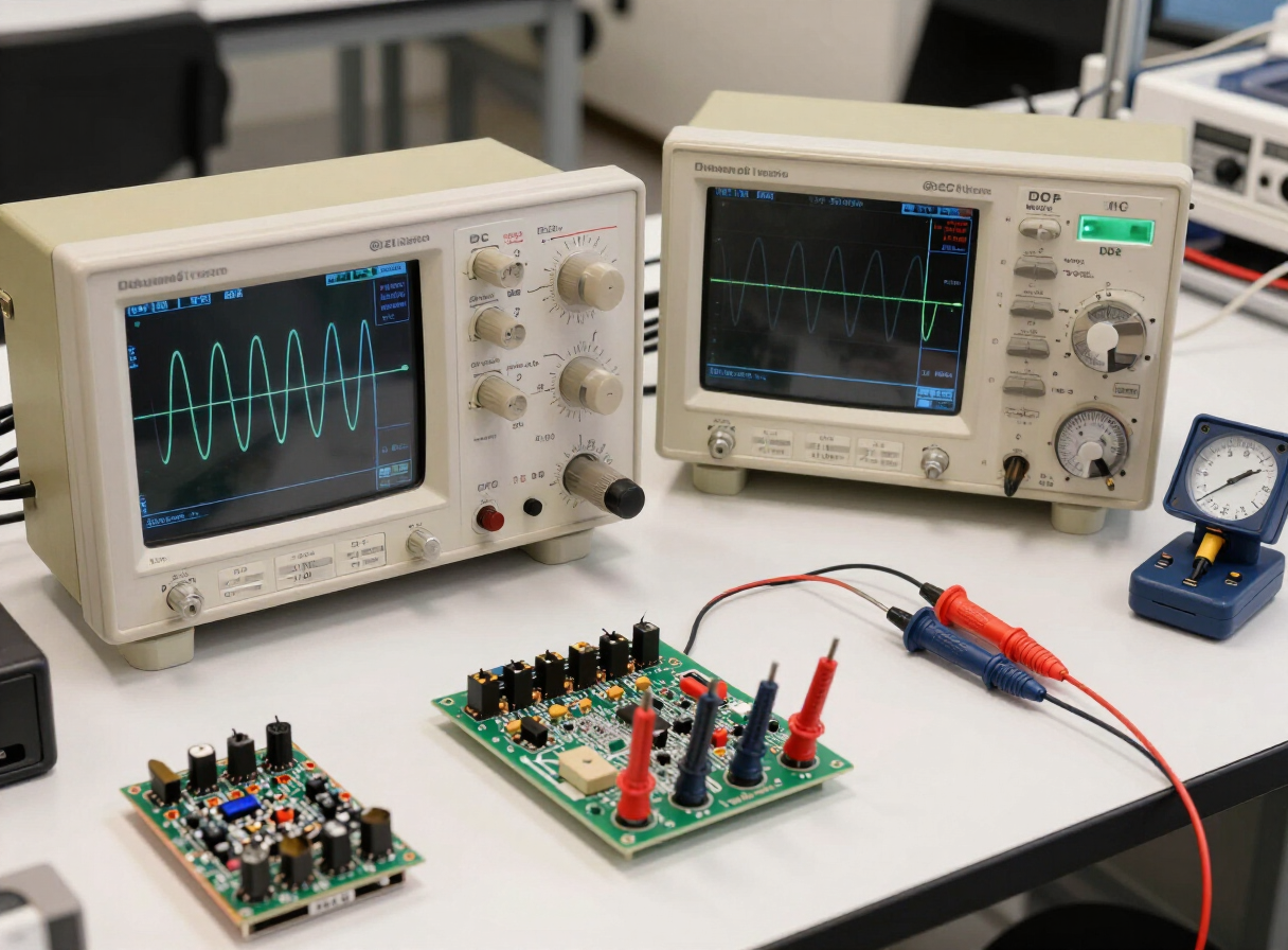 Engineering prototyping lab bench with oscilloscope, DC power supply, and hand-soldered prototype board