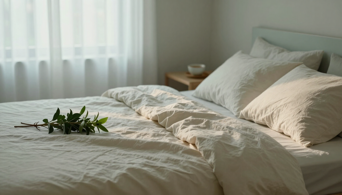 Serene dawn bedroom with warm ivory linen and Thai botanicals, evoking restful sleep after 40