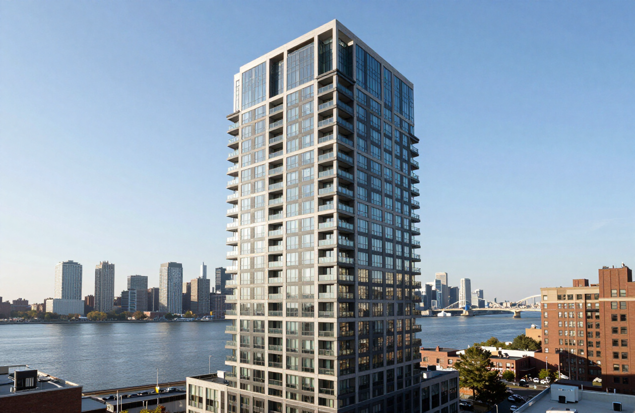 Modern high-rise condo building along Boulevard East in West New York NJ overlooking the Hudson River