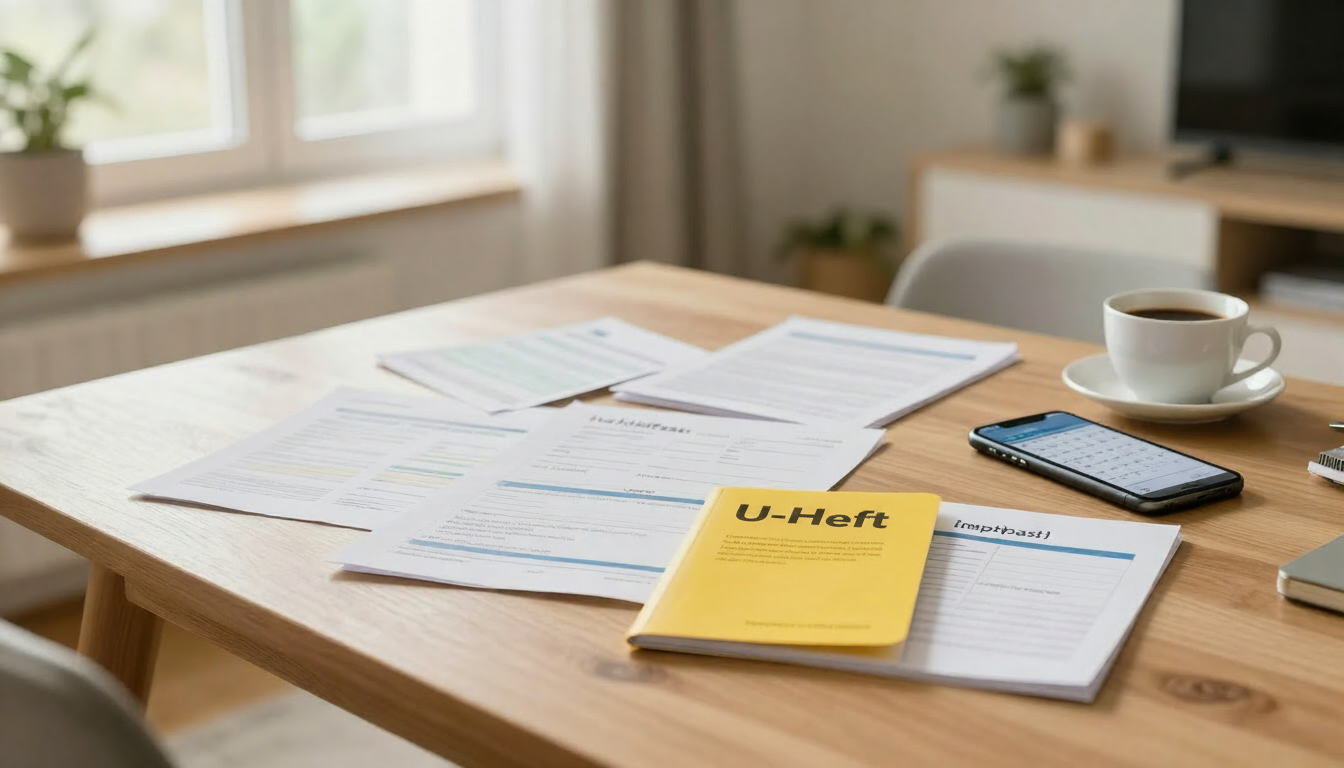 Familien-Gesundheitsunterlagen auf dem Tisch: U-Heft, Impfpass, Smartphone und Notizen Familien-Gesundheitsunterlagen auf dem Tisch: U-Heft, Impfpass, Smartphone und Notizen