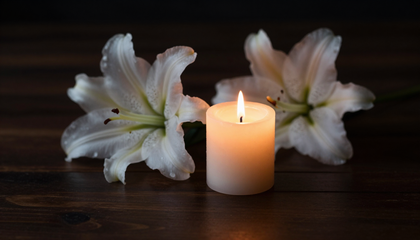 A single lit candle beside white lilies on a dark wooden surface, a quiet memorial