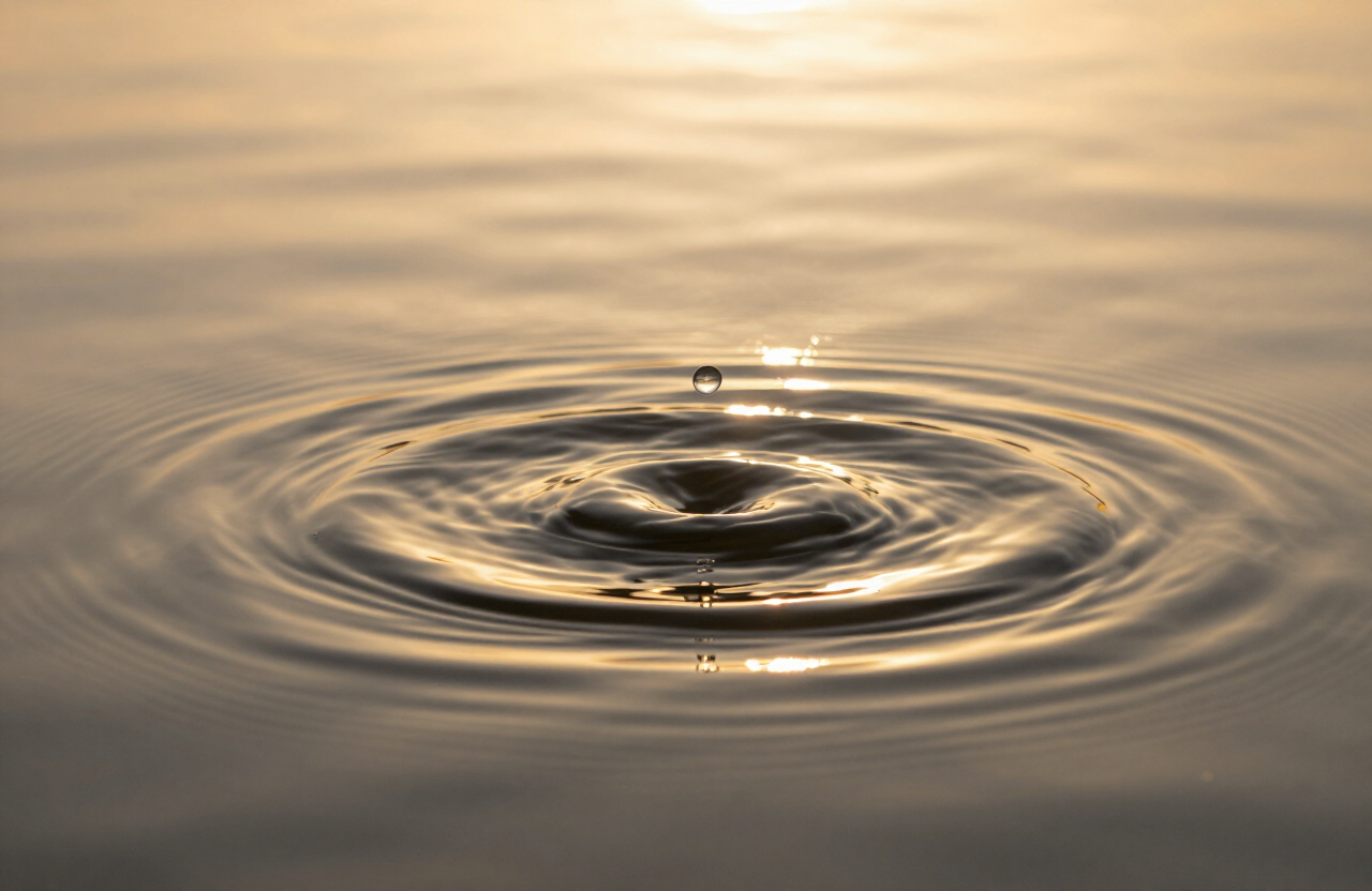 Ondas gentiles expandiéndose sobre agua tranquila al amanecer, simbolizando el bienestar de Reiki extendiéndose desde el individuo