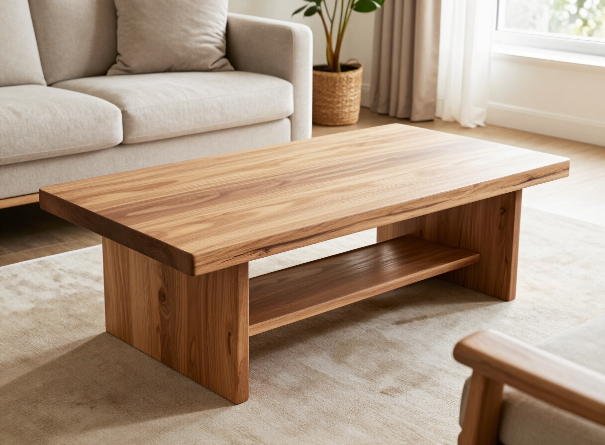 A beautiful handmade oak coffee table in a bright living room with visible oak grain, warm natural light
