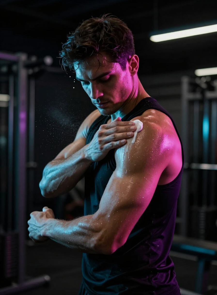 Athlete massaging Pa1nchanger balm into his shoulder after training