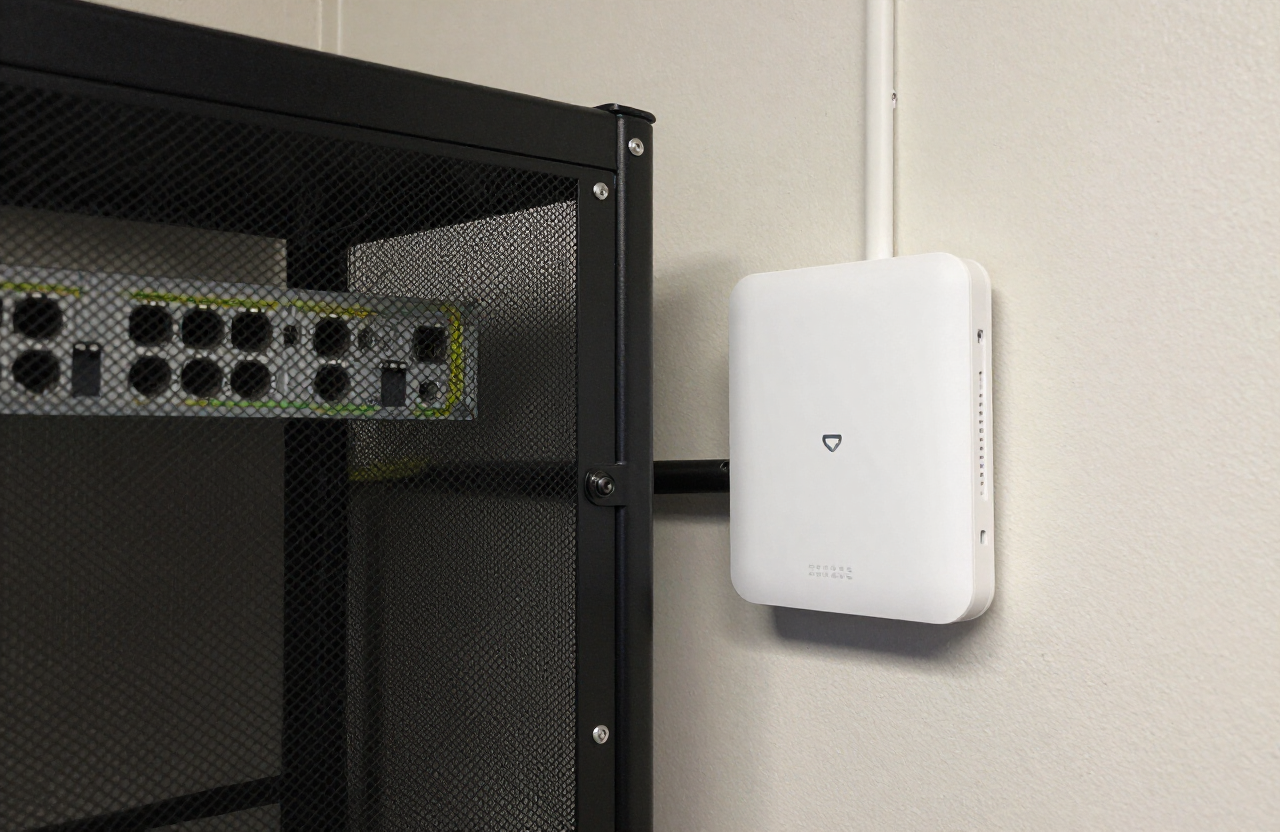 Wireless access point mounted on a wall beside a network switch rack