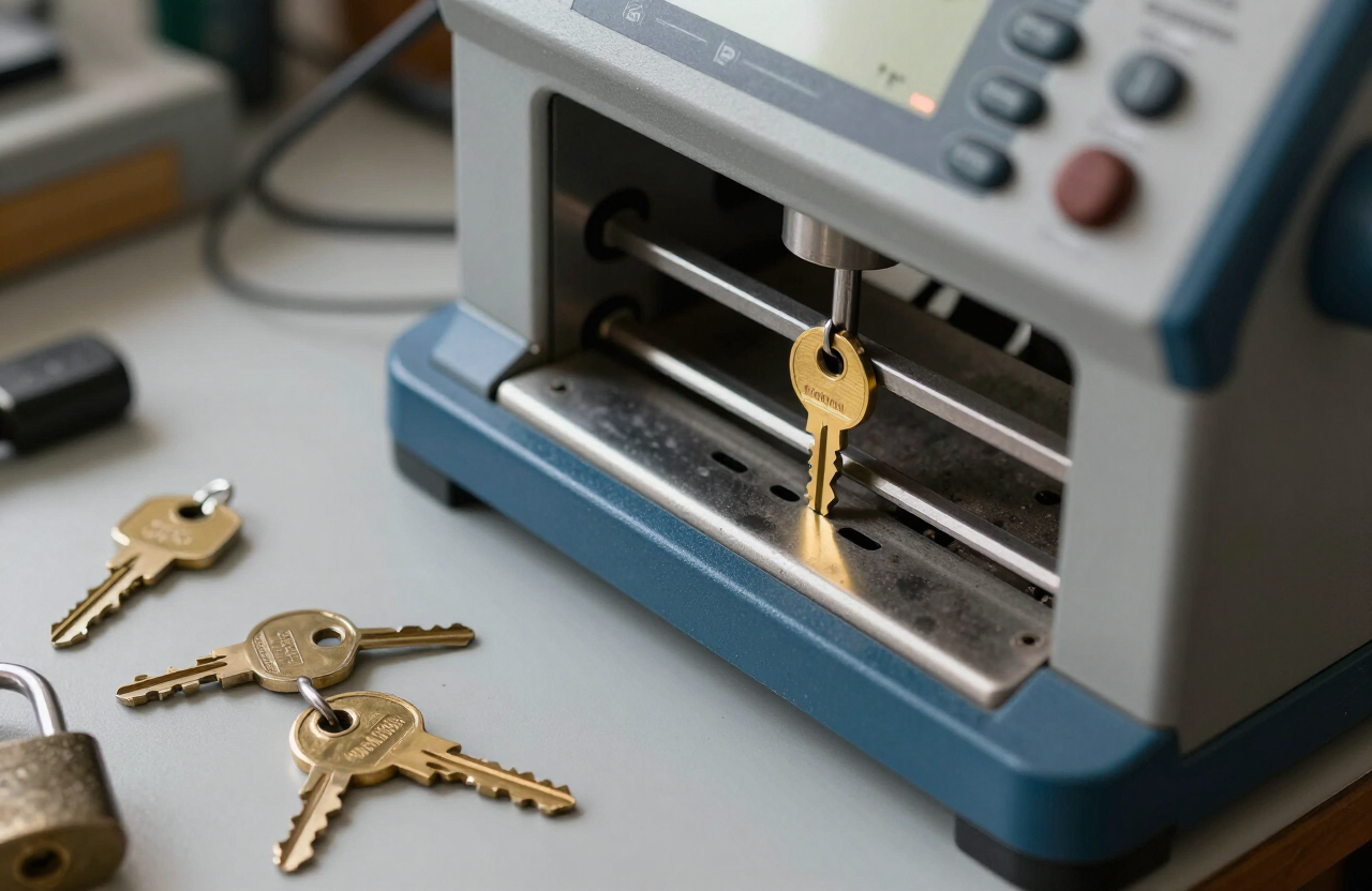 Key cutting machine cutting a spare house key