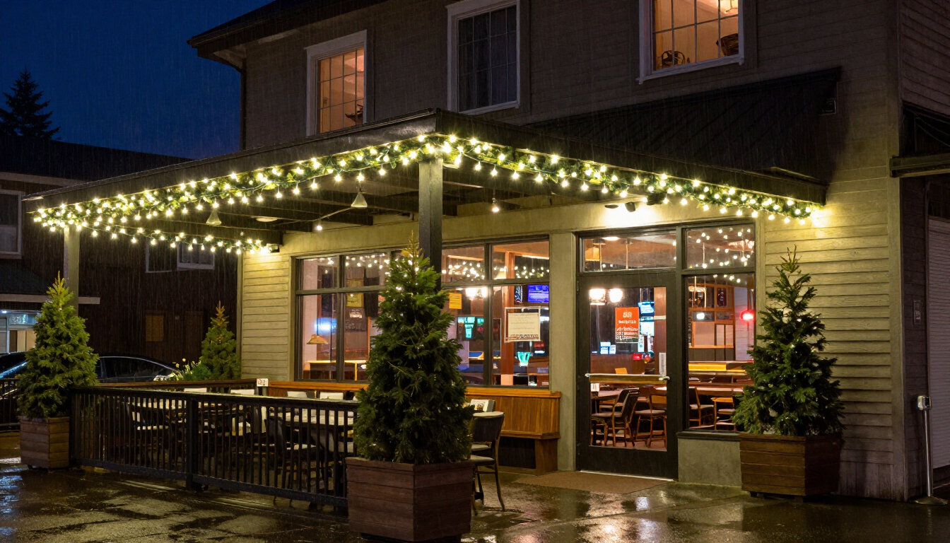 Deck and porch Christmas lights in Surrey with outdoor string light mounting and seasonal yuletide decorating.
