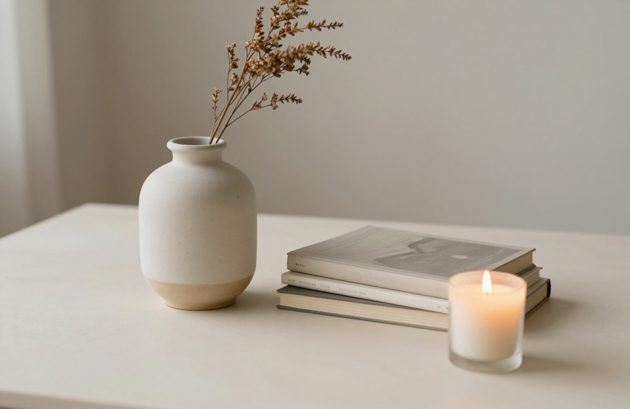 A ceramic vase with dried botanical stems beside stacked books and a candle