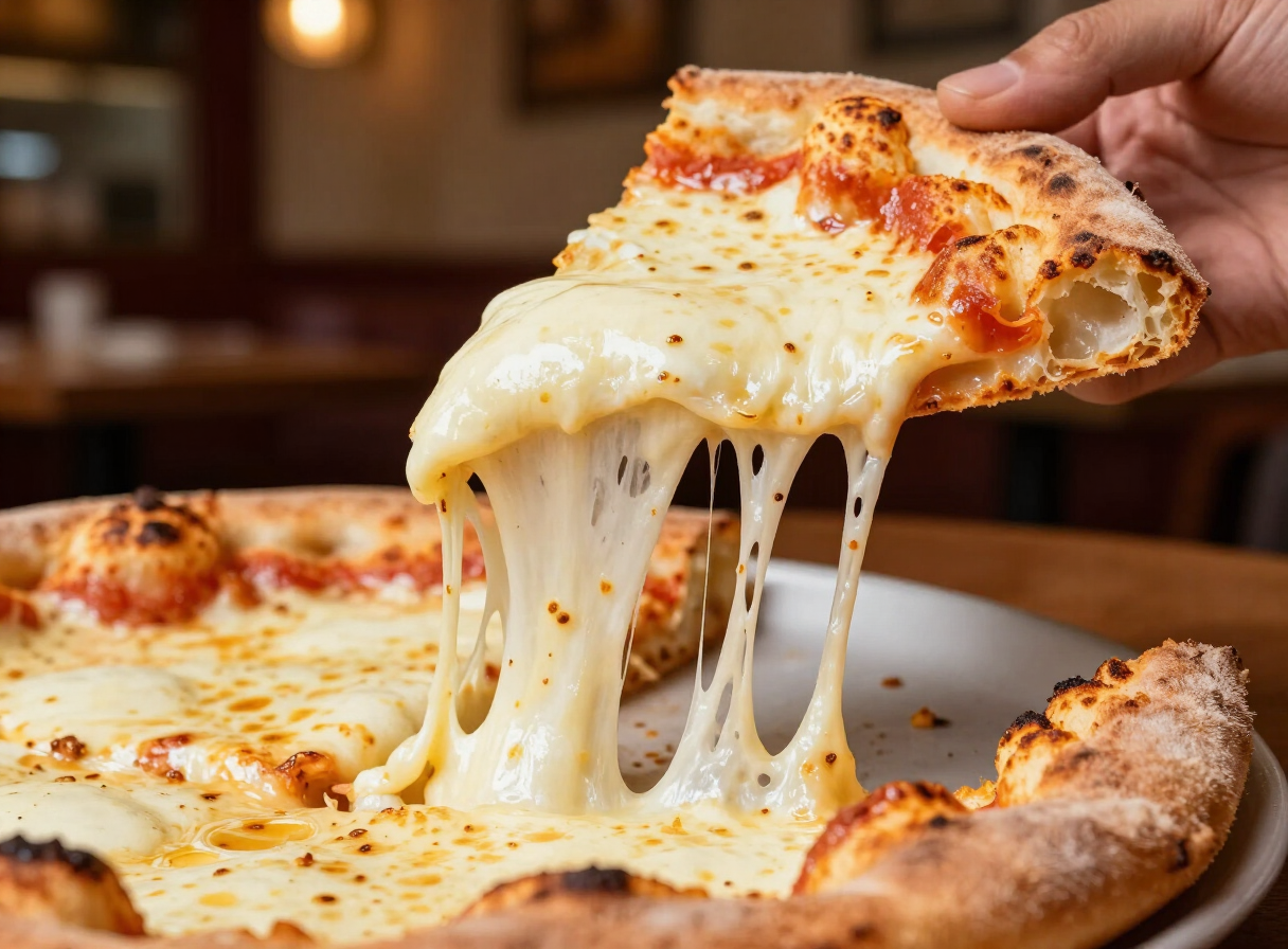 Sicilian pan pizza slice with a dramatic melted mozzarella cheese pull