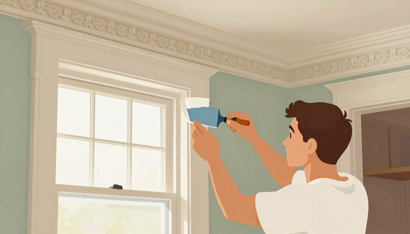 Illustrative painter cutting in crisp paint on ornate window casings and detailed trim inside a historic Englewood NJ home