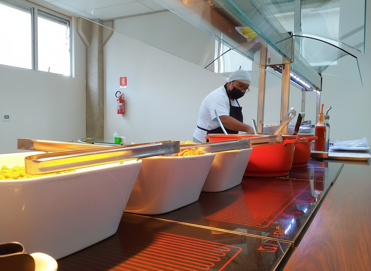 Profissional de cozinha com touca e avental servindo o buffet quente