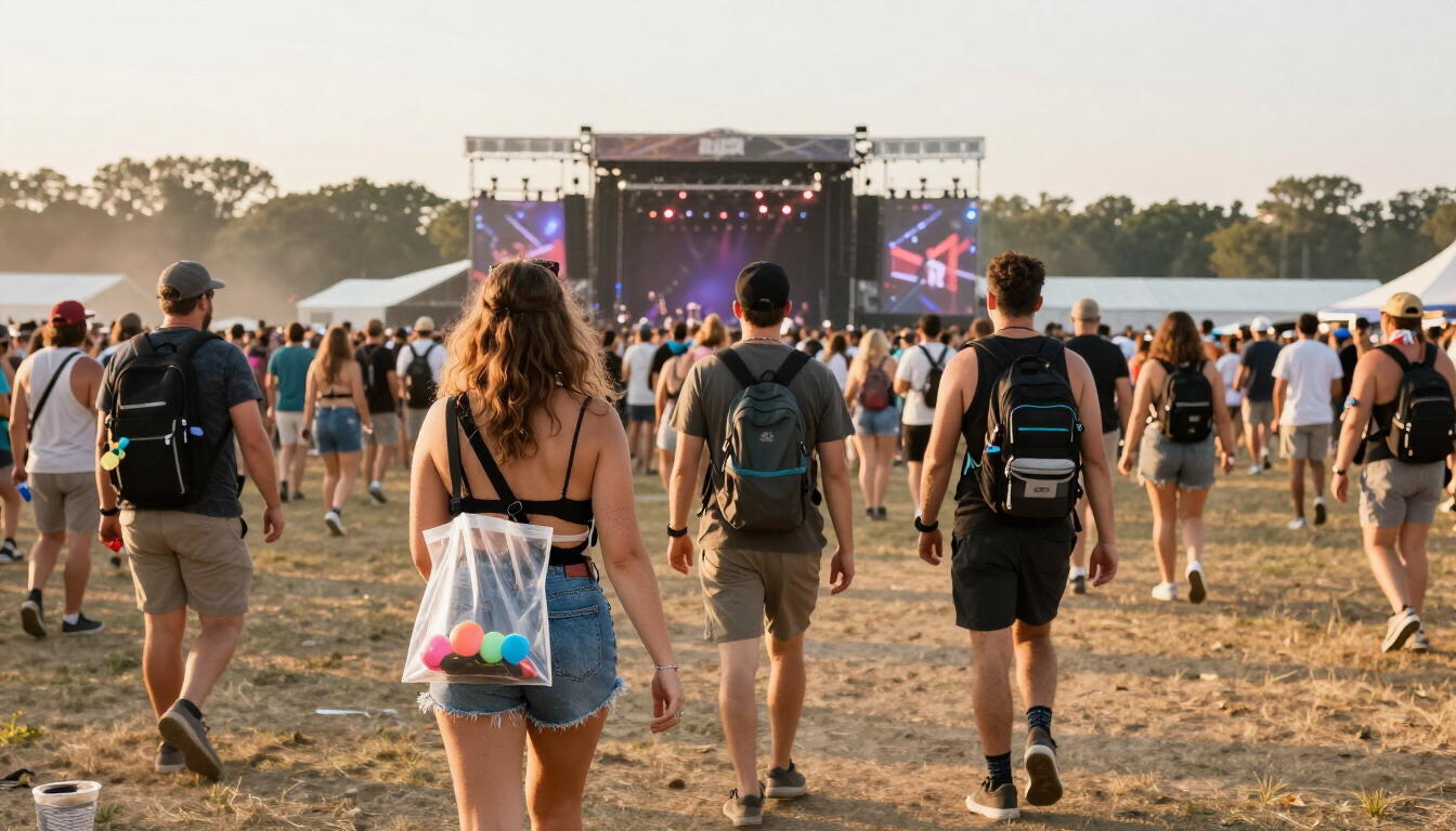 Festival-goers walking through a crowded outdoor music festival at golden hour wearing crossbody bags, a clear stadium tote, a fanny pack, and a hydration backpack