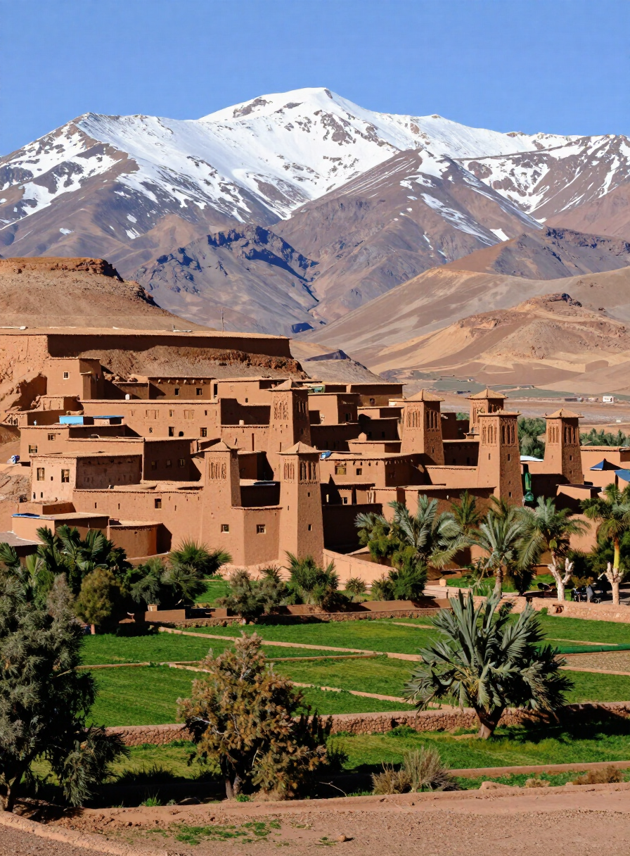 A Berber village of mud-brick houses terraced into a green High Atlas valley below snow-dusted peaks